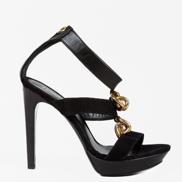 Fendi Black Suede Chain T-Strap Sandals - Picture 2 of 9